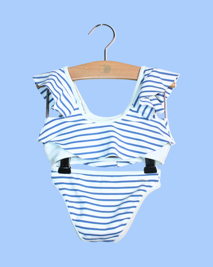 Maillot deux pièces à rayures bleues et blanches 2 ans