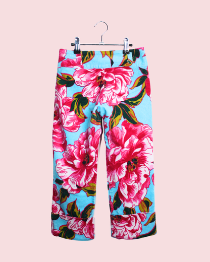 Pantalon en velours rose et bleu à fleurs 8 ans