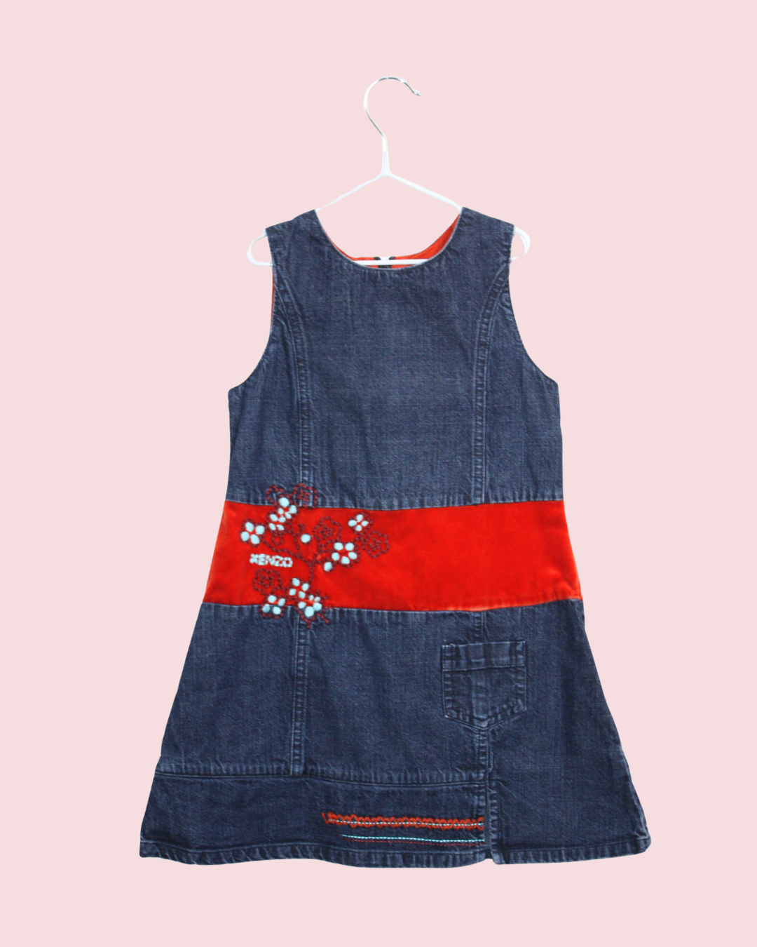 Robe en jean et velours brodé rouge 5 ans