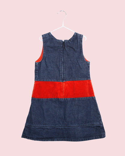 Robe en jean et velours brodé rouge 5 ans