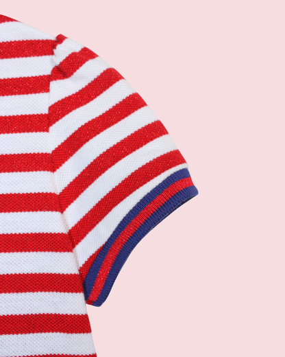 Robe polo plissée à rayures et coeurs rouges 5 ans