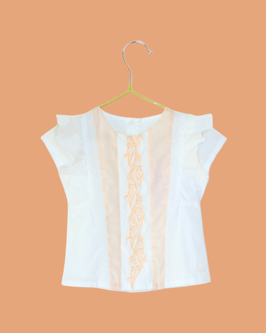Blouse Chloé en coton blanc et dentelle abricot 6 mois